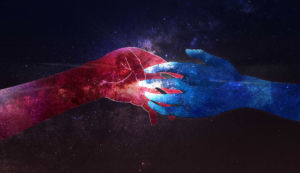 Digital Illustration of two cosmic hands reaching for each other.